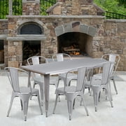 Emma + Oliver Commercial Rectangular Silver Metal Indoor-Outdoor Table Set-6 Stack Chairs